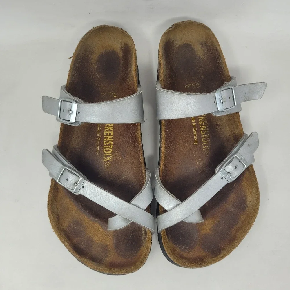 Birkenstock Mayari Sandals EU38 US7 Silver Birko Flor Slides Slip On Comfort